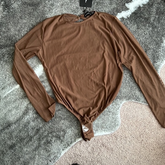 NEW Chocolate Brown Mesh Cutout Bodysuit - Picture 2 of 5